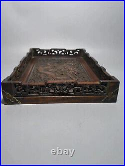 13.3 Chinese Qing Dynasty Old Antique Yellow Wood Hand Carving Dragon Tray