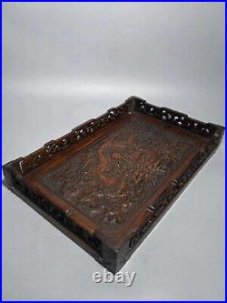 13.3 Chinese Qing Dynasty Old Antique Yellow Wood Hand Carving Dragon Tray