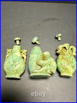 3 Chinese Carved Jadeite Qing Dynasty Unique Snuff Bottles