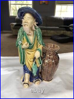 9 Antique Chinese Qing Dynasty, 1800 Shiwan Pottery Mud Man, Fisherman Statue