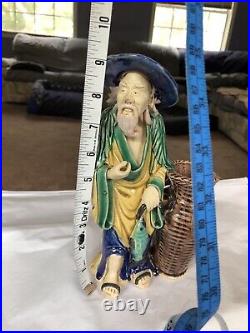 9 Antique Chinese Qing Dynasty, 1800 Shiwan Pottery Mud Man, Fisherman Statue