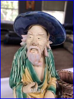 9 Antique Chinese Qing Dynasty, 1800 Shiwan Pottery Mud Man, Fisherman Statue