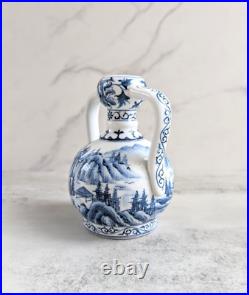 Antique Chinese Blue & White Landscape Porcelain Vase Qing Dynasty China Vintage