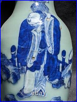 Antique Chinese Celadon Glazed Figural Motif Vase with Scholar, Qing Dynasty 19C