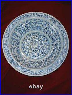 Antique Chinese Export Bowl Handpainted Porcelain Blue & White, Qing Dynasty