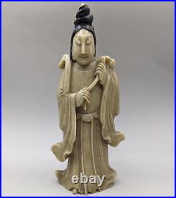 Antique Chinese Qing Dynasty Hand Carved Soapstone Quan Yin Statue Lotus