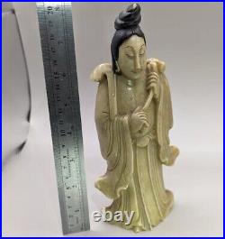 Antique Chinese Qing Dynasty Hand Carved Soapstone Quan Yin Statue Lotus