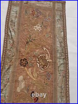 Antique Chinese Qing Dynasty Silk Embroidery textile Panel wall hanging 23 X 10