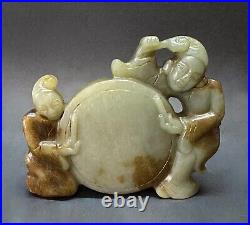 Antique Chinese Qing dynasty carved nephrite jade of Boys playing drum