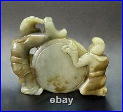 Antique Chinese Qing dynasty carved nephrite jade of Boys playing drum