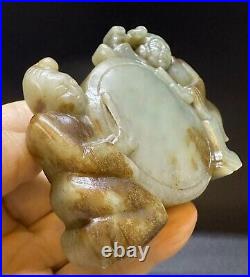 Antique Chinese Qing dynasty carved nephrite jade of Boys playing drum