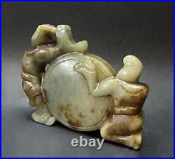 Antique Chinese Qing dynasty carved nephrite jade of Boys playing drum