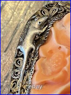 Antique Chinese carved Guild Hand filigree brooch, Rat Salmon Red Qing Dynasty