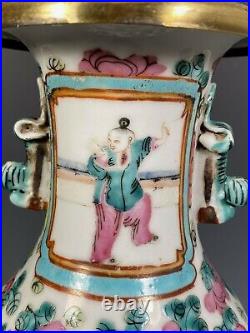 China Chinese Porcelain Famille Rose Figural Decor Lamp Vase Qing Dynasty 1900