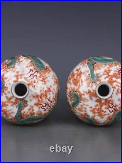 Chinese Antique Qing Dynasty Qianlong Alum Red Glaze Porcelain Dragon Vases