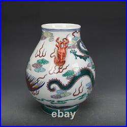 Chinese Antique Qing Dynasty Qianlong DouCai Porcelain Dragon Phoenix Zun Vases