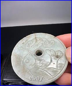 Chinese Antique Qing Dynasty Rare Thick Jadeite Disk of Fish and Bird