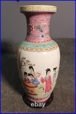 Chinese Hand-Painted Baluster Vase Qing Dynasty 1700's 18 Inch Antique with Bowl