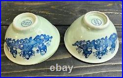 Chinese Qing Dynasty Green Celadon Blue Decorated Bowls 4 7/8 Wide Set Of 2