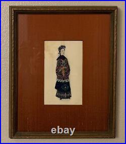 Chinese Qing Dynasty Mandarin Court Female Gauche Painting 19th Century