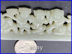 Chinese Qing Dynasty Nephrite Jade Plaque 5 Boys Holding Flowers