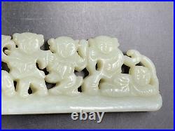 Chinese Qing Dynasty Nephrite Jade Plaque 5 Boys Holding Flowers