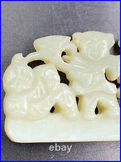 Chinese Qing Dynasty Nephrite Jade Plaque 5 Boys Holding Flowers