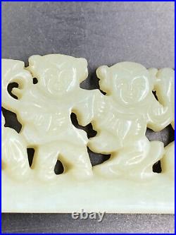 Chinese Qing Dynasty Nephrite Jade Plaque 5 Boys Holding Flowers