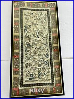 Chinese Qing Dynasty Silk Embroidered Forbidden Stitch Framed & Mounted Panel