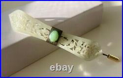 Elegant old Chinese celadon jade hair pin and brooch from Qing Dynasty