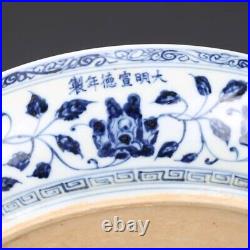 Fine Chinese Antique Blue & White Qing Dynasty Lotus Porcelain Charger Plate