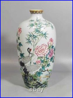 Fine Rare Qing Dynasty Chinese Porcelain Colour Enamel Cranes Vase