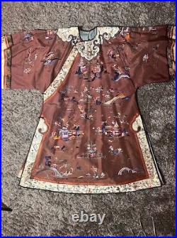 Late 1800s Embroidered cinnamon color Silk Chinese Manchu Gown Qing Dynasty