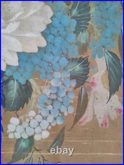 Old Antique Chinese Flower Painting Scroll Silk Qing Dynasty