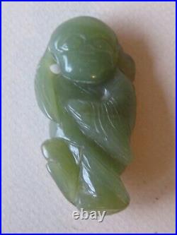 Old Chinese Green Jade Boy With Lotus Flower - Qing Dynasty