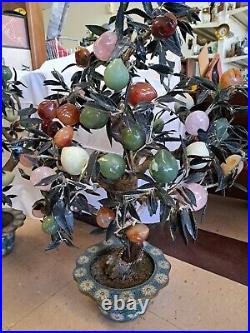 Pair Of Huge Vintage Chinese Qing Dynasty Jade Fruit Trees Cloisonne Pot 3