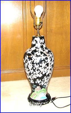 Pair of Chinese QING Dynasty Black Floral FAMILLE Noire Prunus Porcelain Lamps