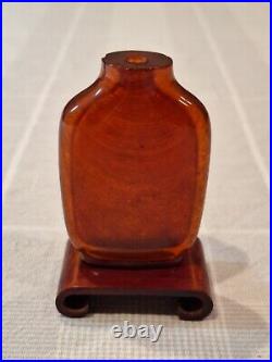 Rare- Antique Chinese Qing Dynasty Amber Snuff Bottle with Wood Stand