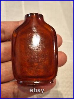 Rare- Antique Chinese Qing Dynasty Amber Snuff Bottle with Wood Stand