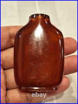 Rare- Antique Chinese Qing Dynasty Amber Snuff Bottle with Wood Stand