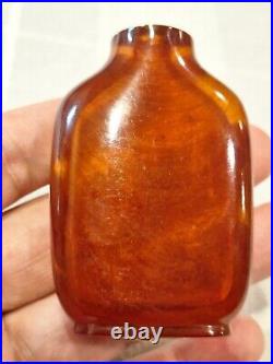 Rare- Antique Chinese Qing Dynasty Amber Snuff Bottle with Wood Stand