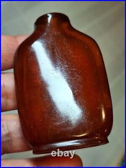 Rare- Antique Chinese Qing Dynasty Amber Snuff Bottle with Wood Stand