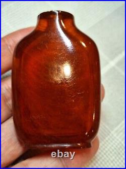 Rare- Antique Chinese Qing Dynasty Amber Snuff Bottle with Wood Stand