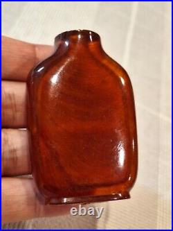 Rare- Antique Chinese Qing Dynasty Amber Snuff Bottle with Wood Stand