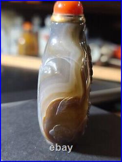Rare Antique Chinese Qing Dynasty Carved Agate Snuff Bottle